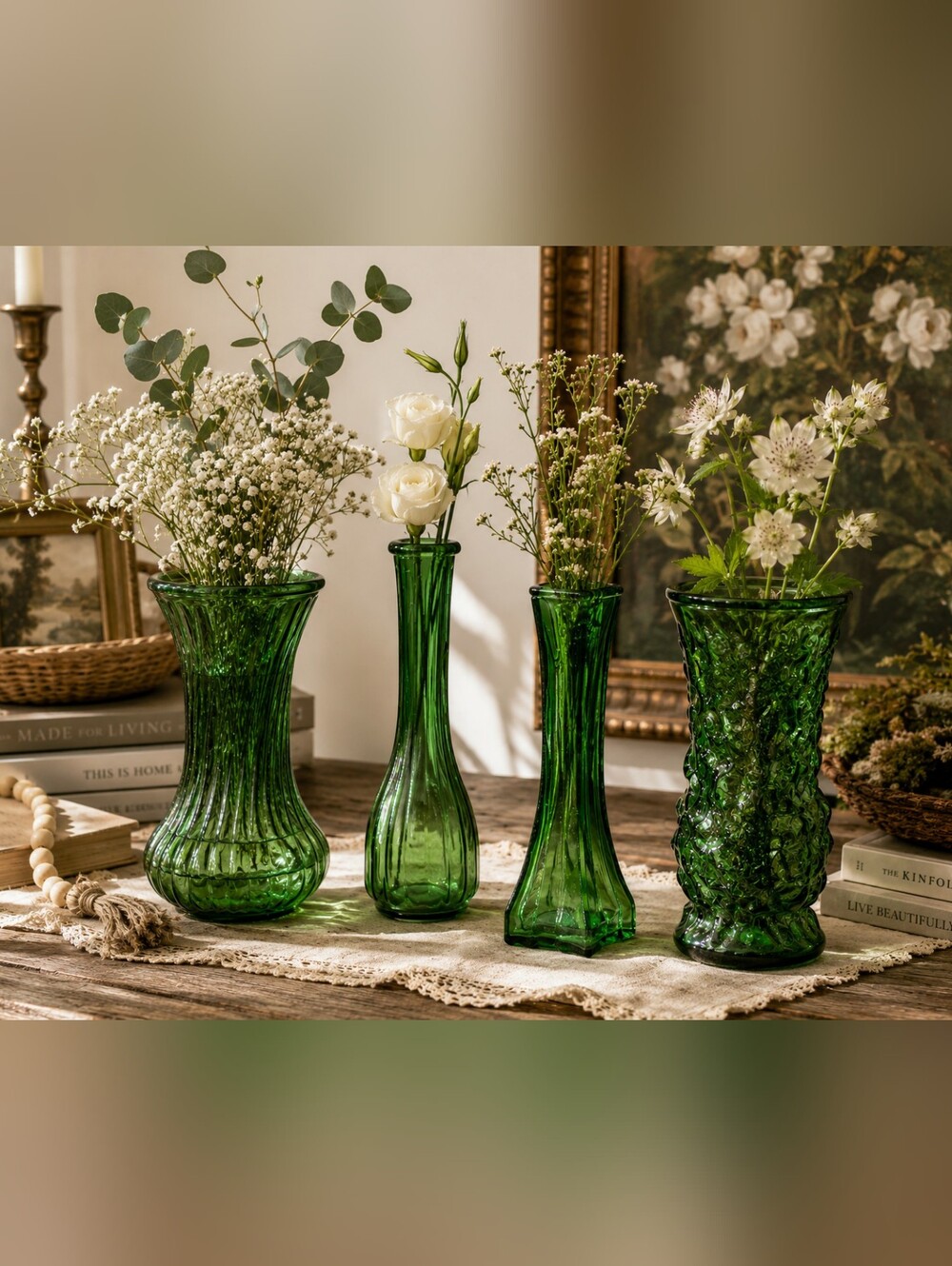 Vintage Hoosier green glass bud vase set of 4